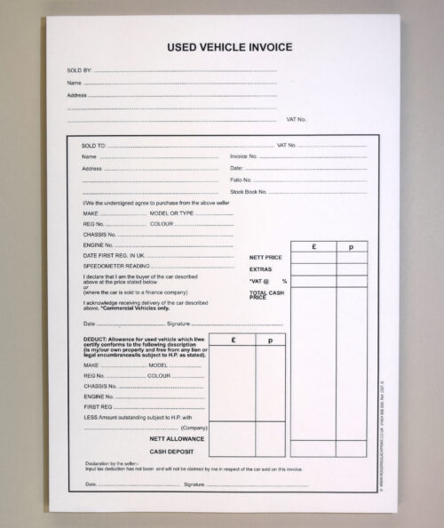 Used Vehicle Invoice Pad A4 - Carbonless (NCR) - Standard - Car Sales Pad