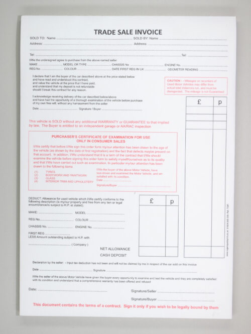 14. Motor Trade Sales Invoice Pads - Carbonless (NCR)