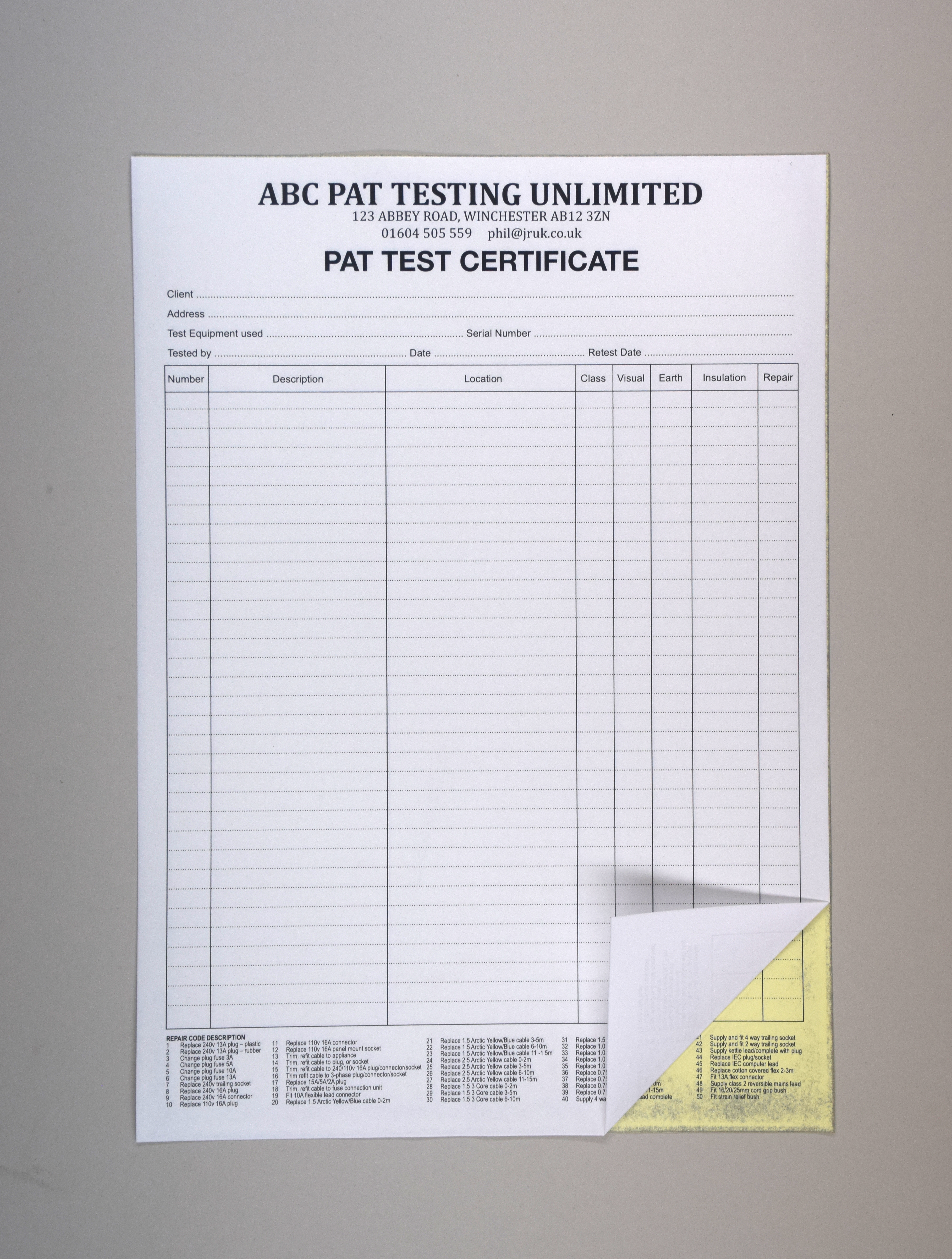 PAT Testing Form Pad A4 - Carbonless (NCR) - Personalised